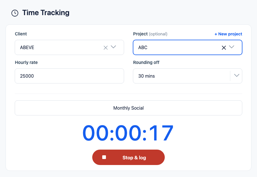 The Billbooks time tracking screen: client, project, hourly rate, a 30 minute rounding interval, and a running timer