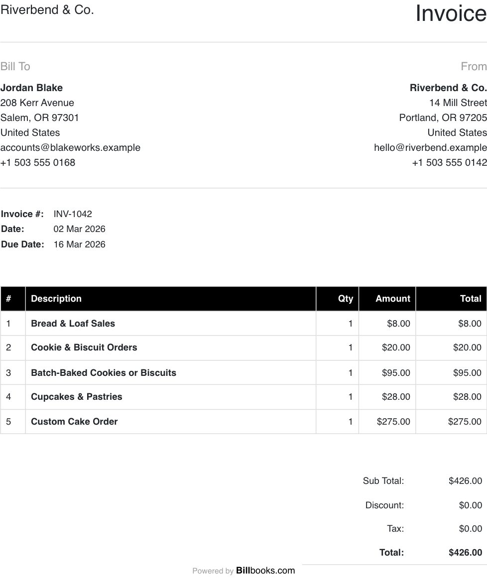 Bakery Invoice Template filled in with example bakery line items, showing quantities, amounts and the total