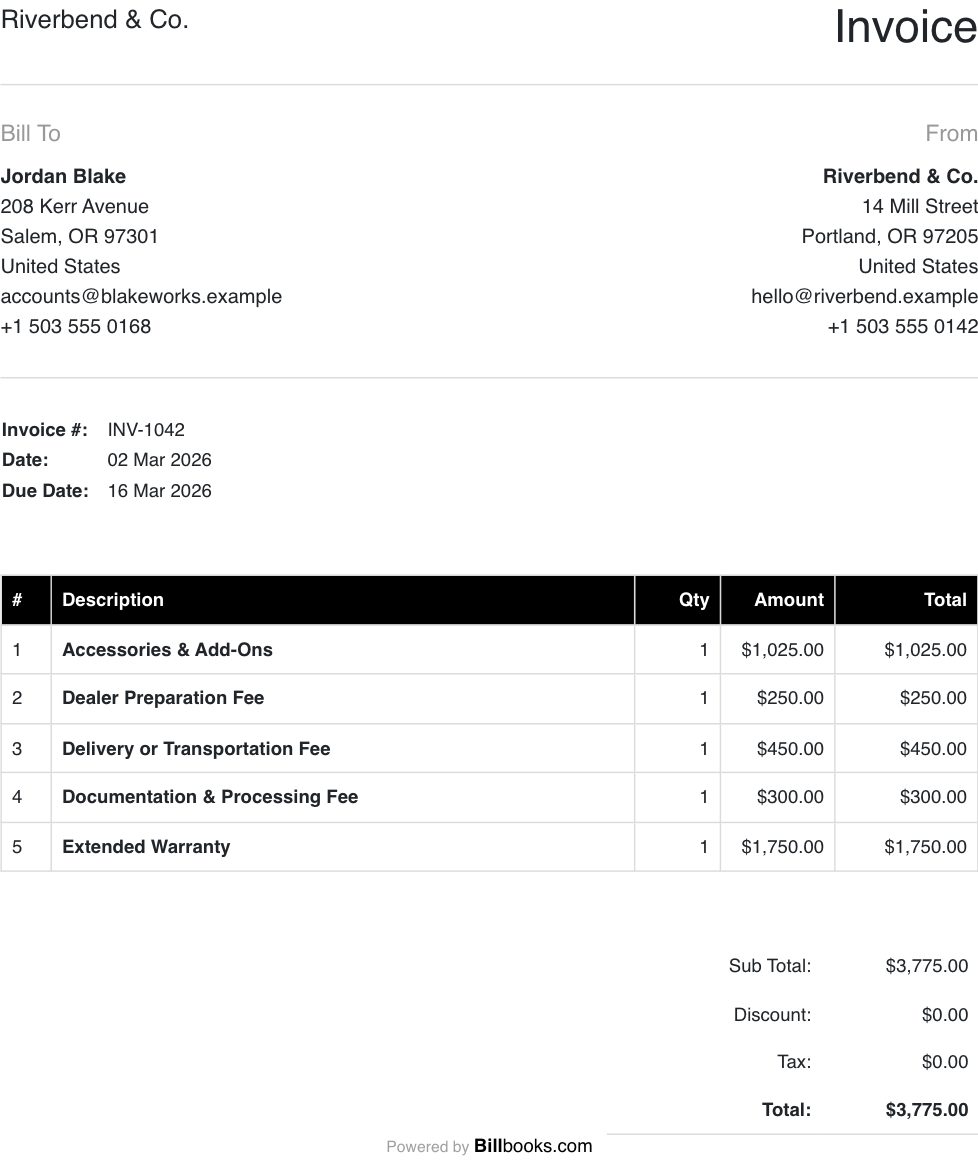 Car Sales Invoice Template filled in with example car sales line items, showing quantities, amounts and the total