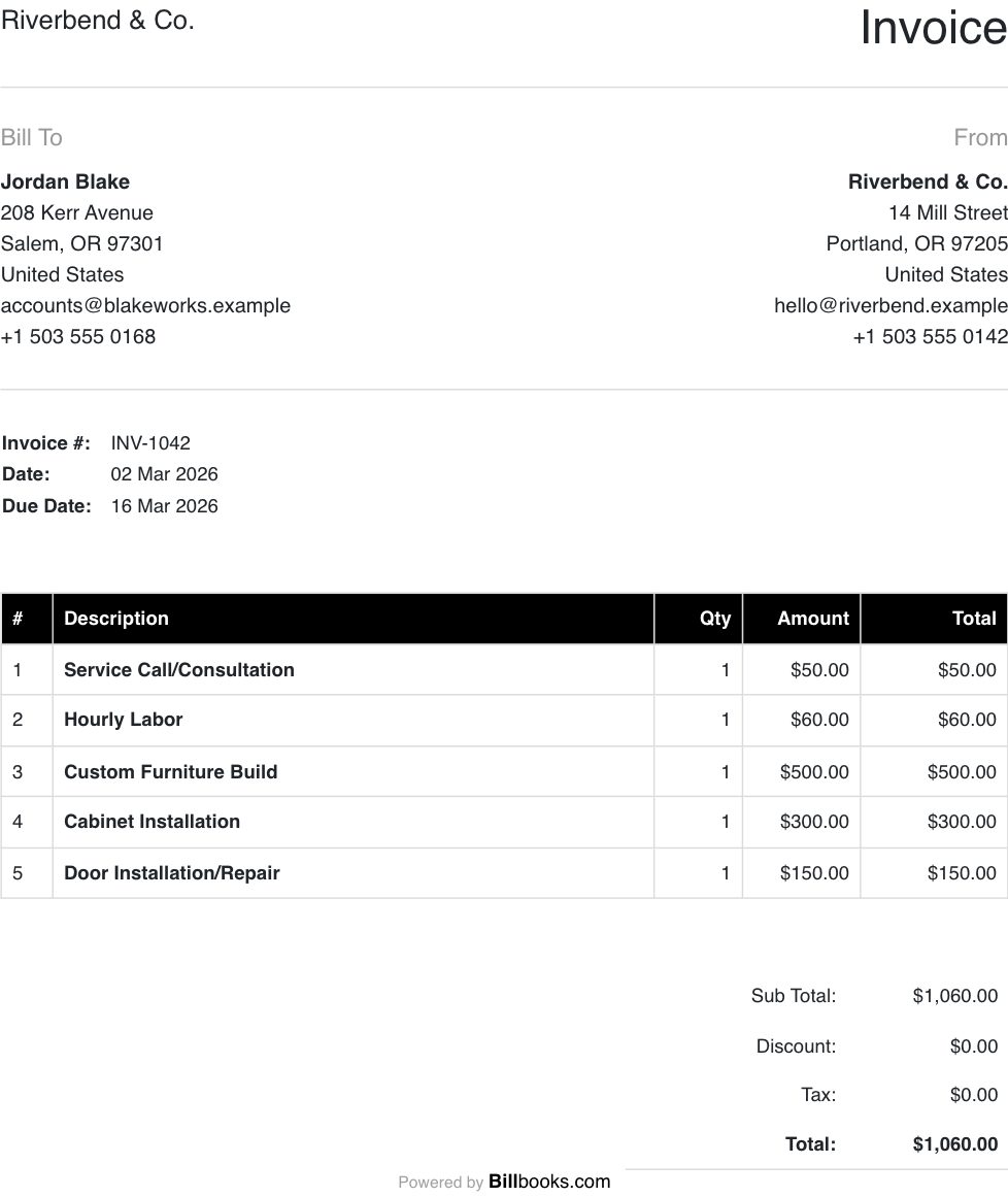 Carpentry Invoice Template filled in with example carpentry line items, showing quantities, amounts and the total