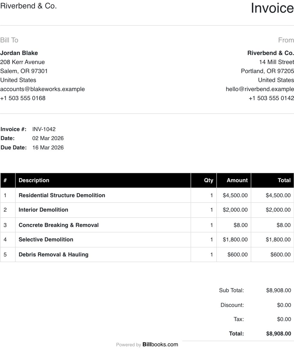Demolition Invoice Template filled in with example demolition line items, showing quantities, amounts and the total
