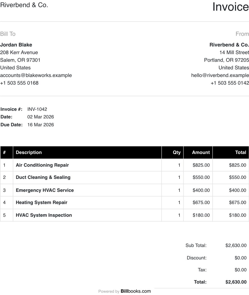 Heating and Cooling Invoice Template filled in with example heating and cooling line items, showing quantities, amounts and the total
