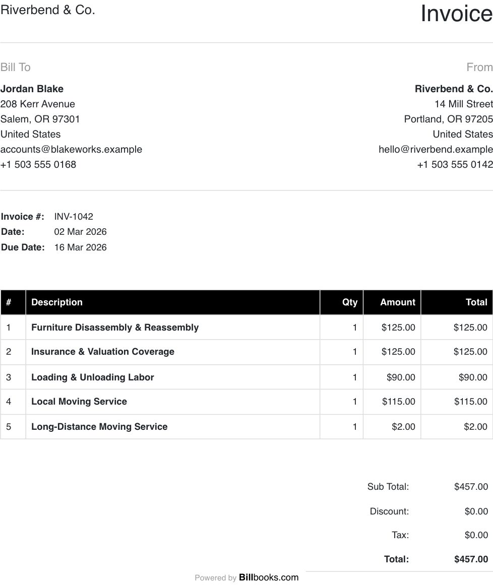 Moving Company Invoice Template filled in with example moving company line items, showing quantities, amounts and the total