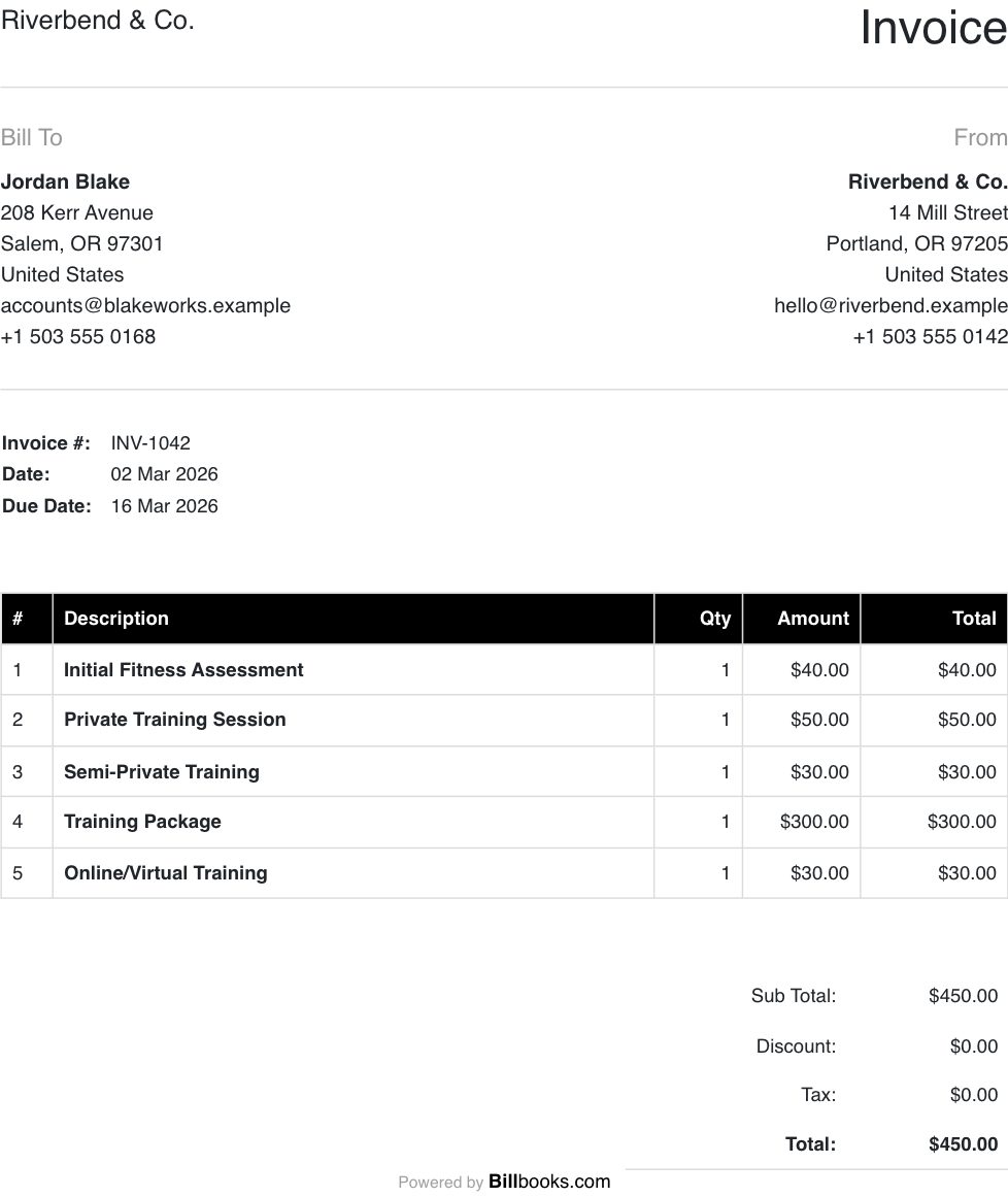 Personal Training Invoice Template filled in with example personal training line items, showing quantities, amounts and the total