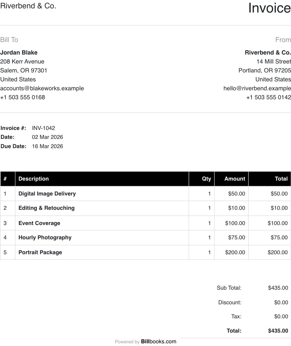Photography Invoice Template filled in with example photography line items, showing quantities, amounts and the total