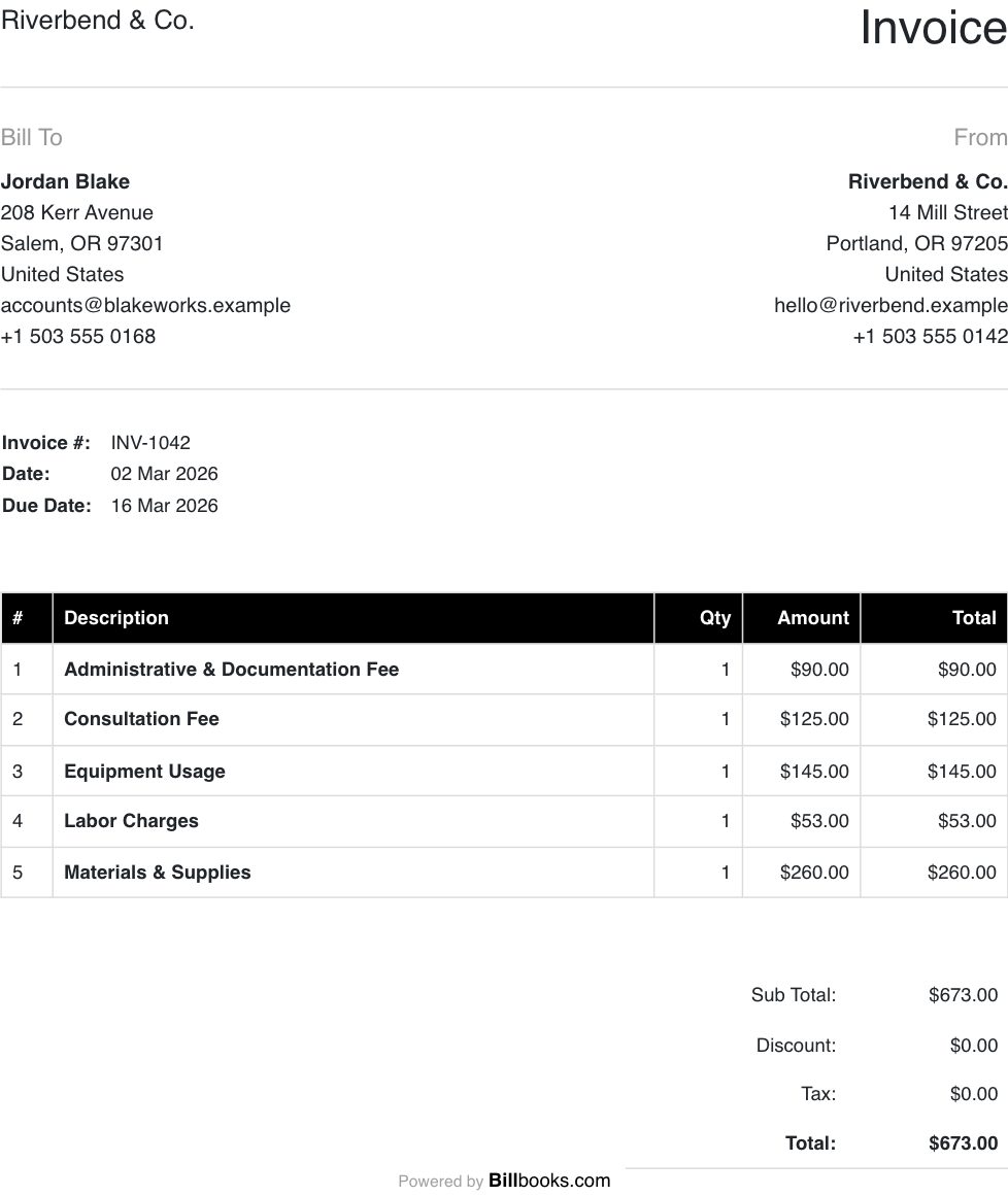 Sole Trader Invoice Template filled in with example sole trader line items, showing quantities, amounts and the total