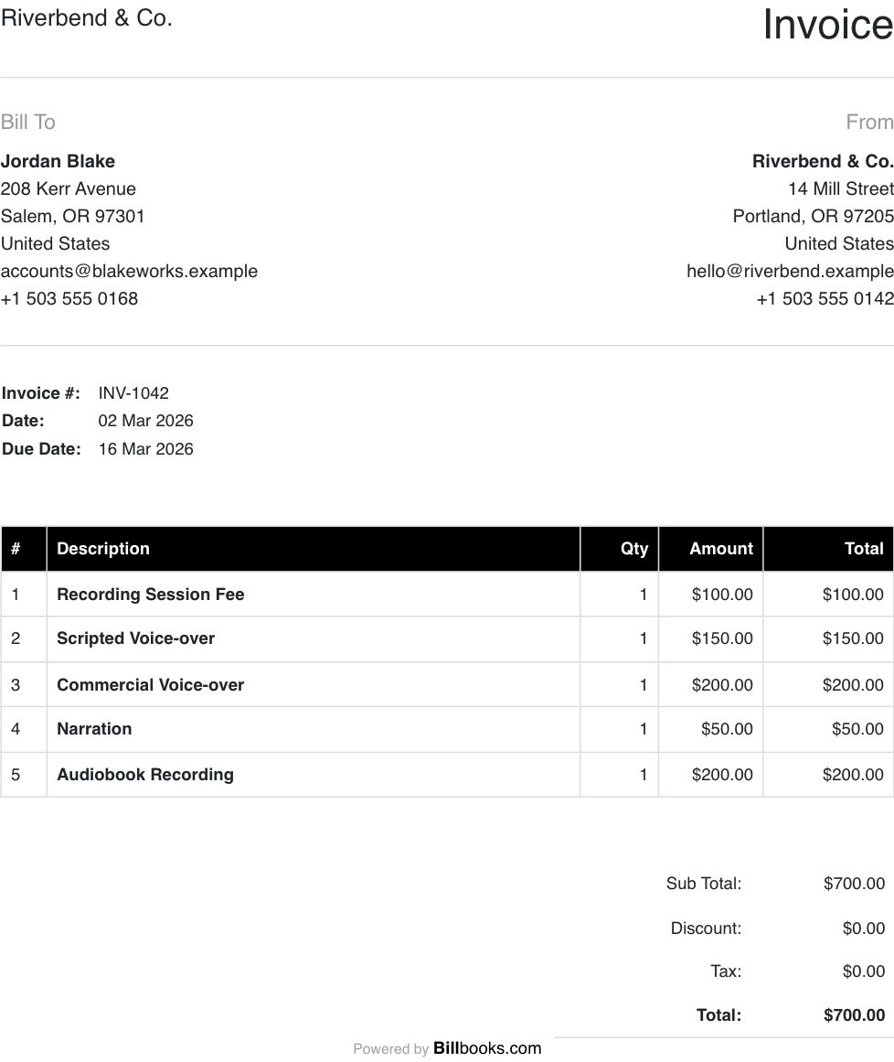 Voice-Over Invoice Template filled in with example voice-over line items, showing quantities, amounts and the total