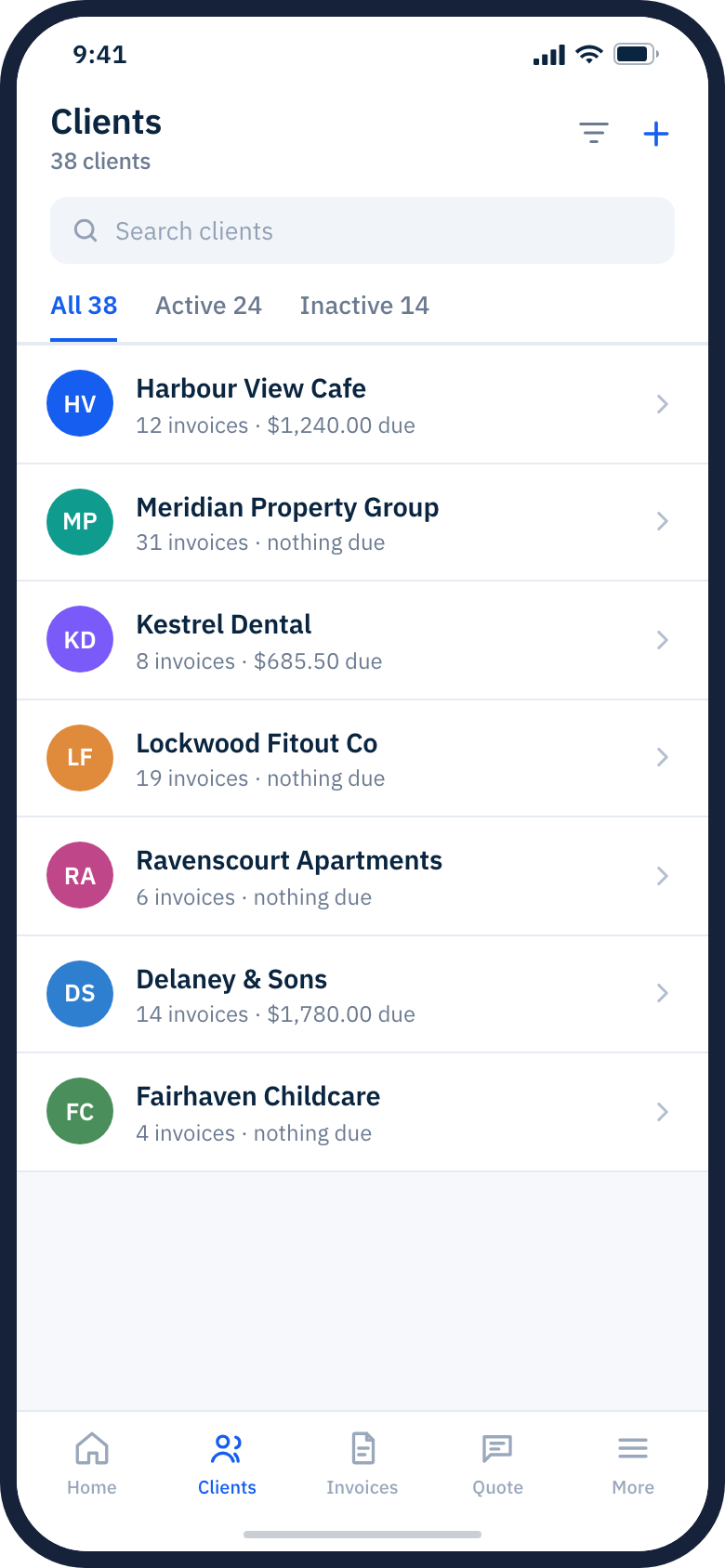 The client list in the Billbooks app showing active and inactive clients and what each one owes