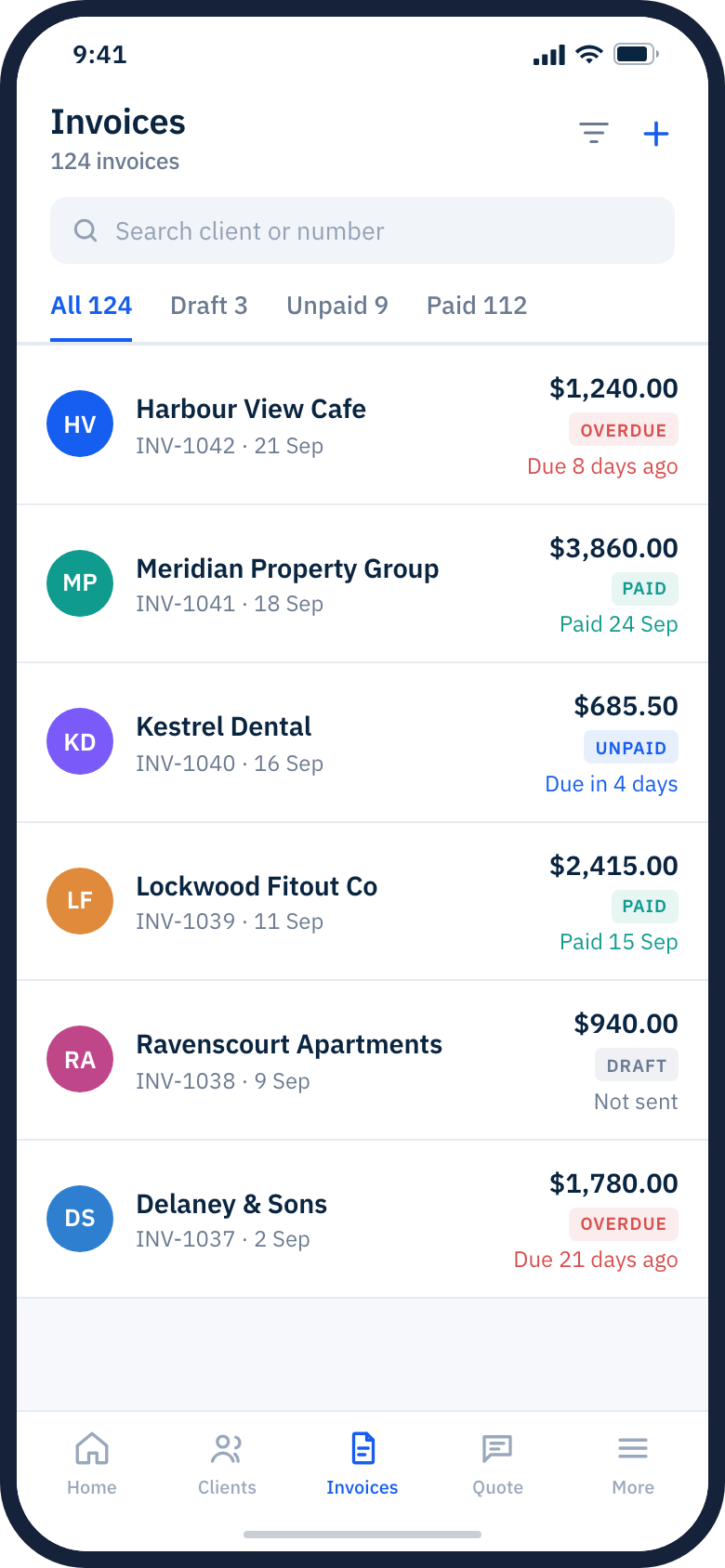 The Billbooks app showing an invoice list with paid, unpaid and overdue invoices