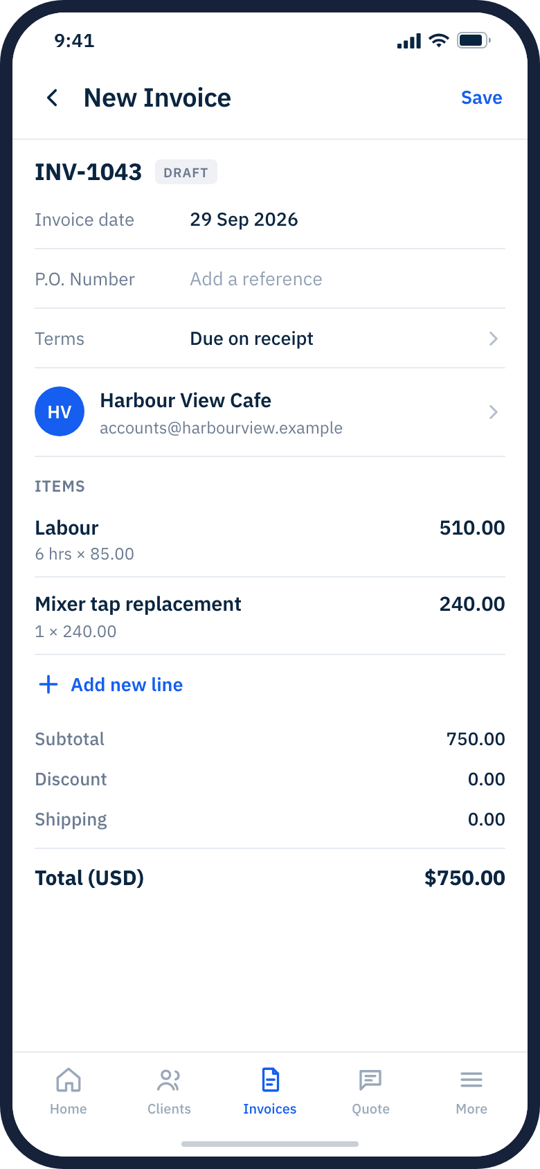 Creating an invoice in the Billbooks app: invoice number, date, terms, client and line items