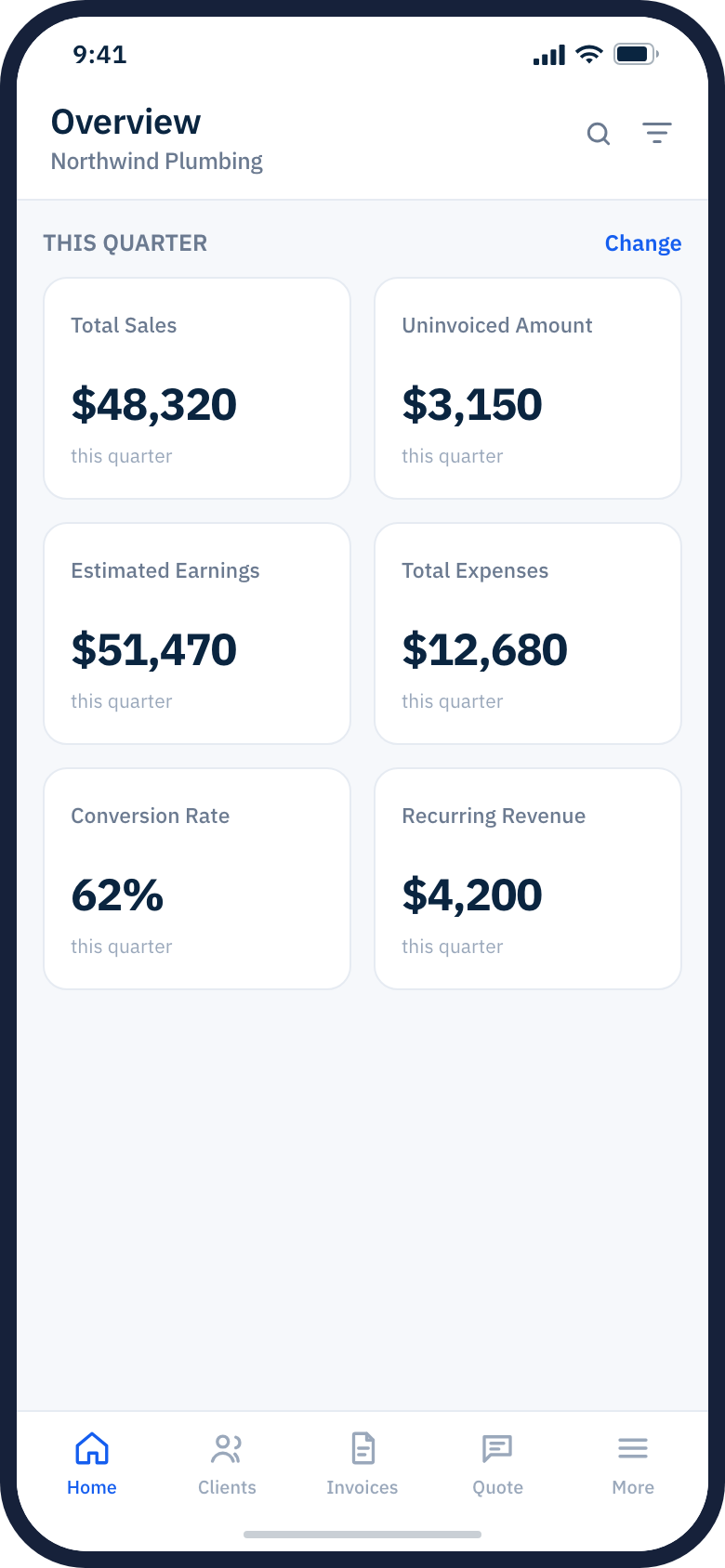 The Billbooks app dashboard showing sales, uninvoiced amount, expenses and recurring revenue for the quarter