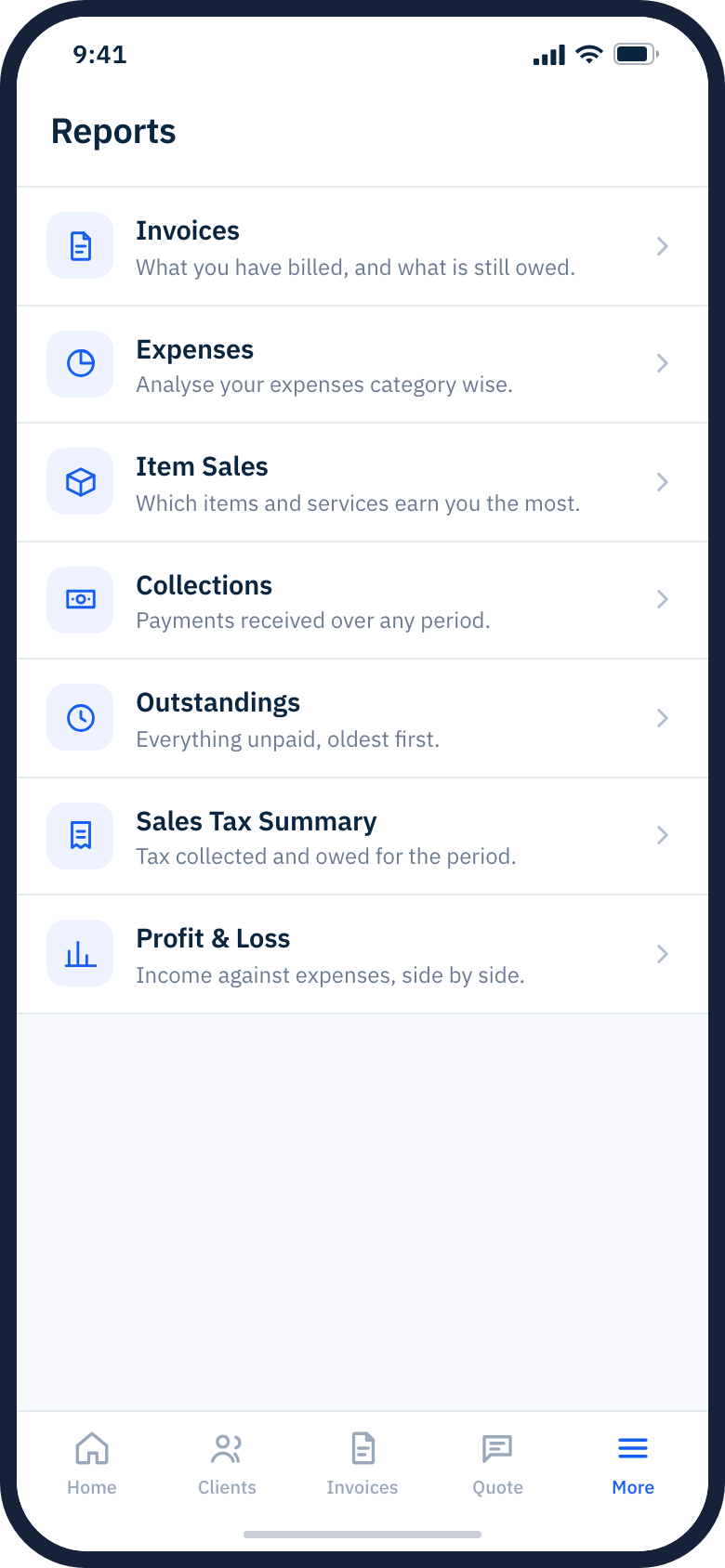 The seven reports in the Billbooks app, including Profit and Loss and Sales Tax Summary