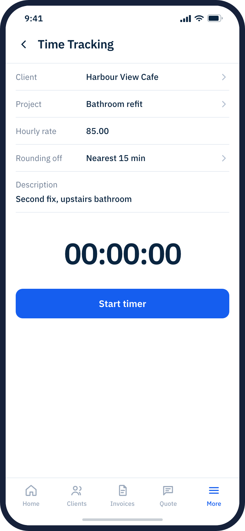 Time tracking in the Billbooks app with client, project, hourly rate and rounding