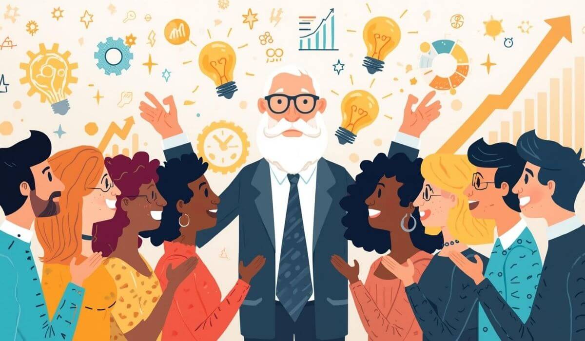 Illustration of an old man giving advice to a startup company team members