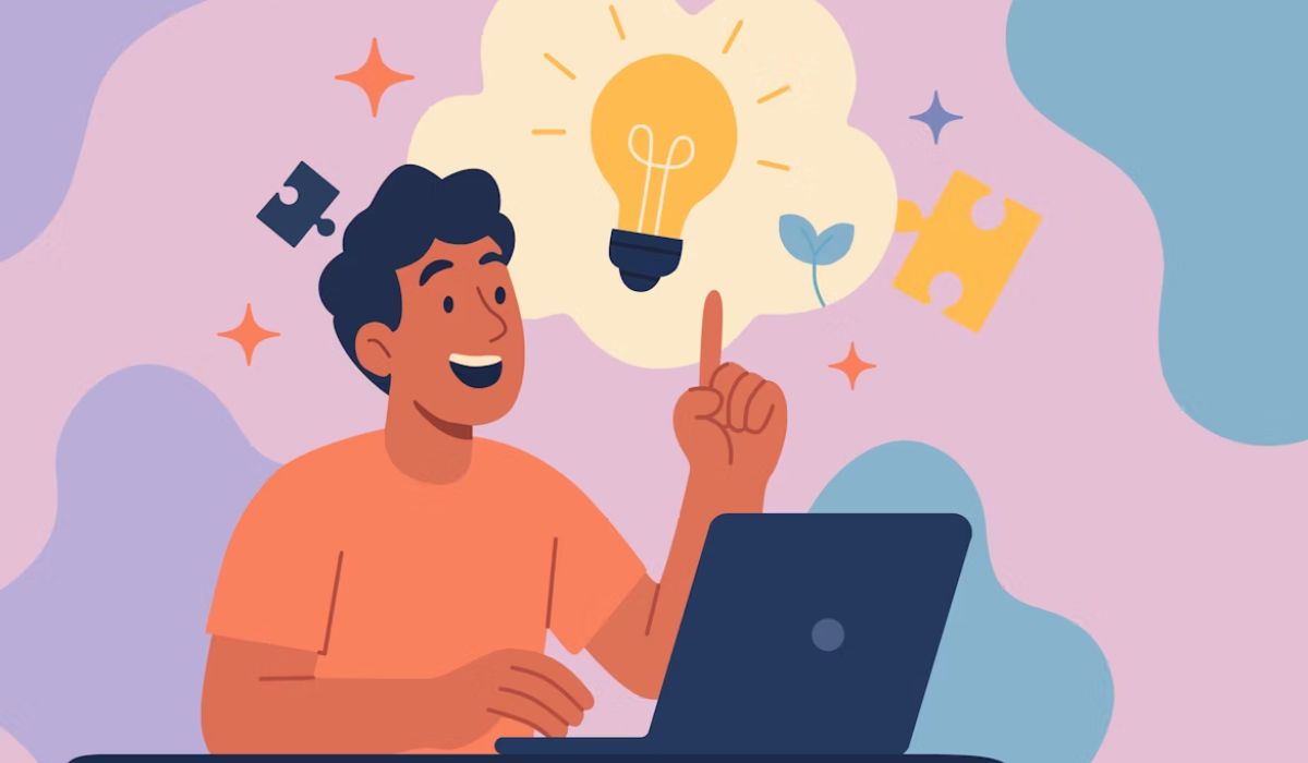 illustration of a freelancer learning a budgeting tip online, using laptop