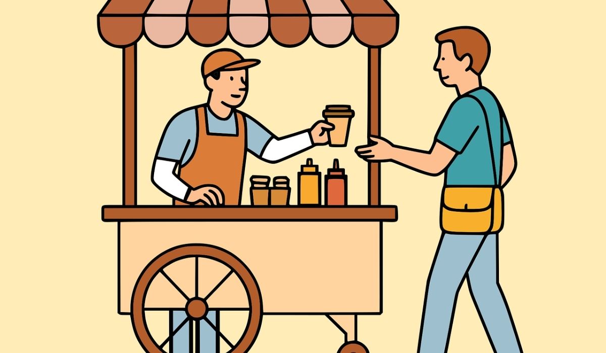 An illustration of a man selling beverages in a small city