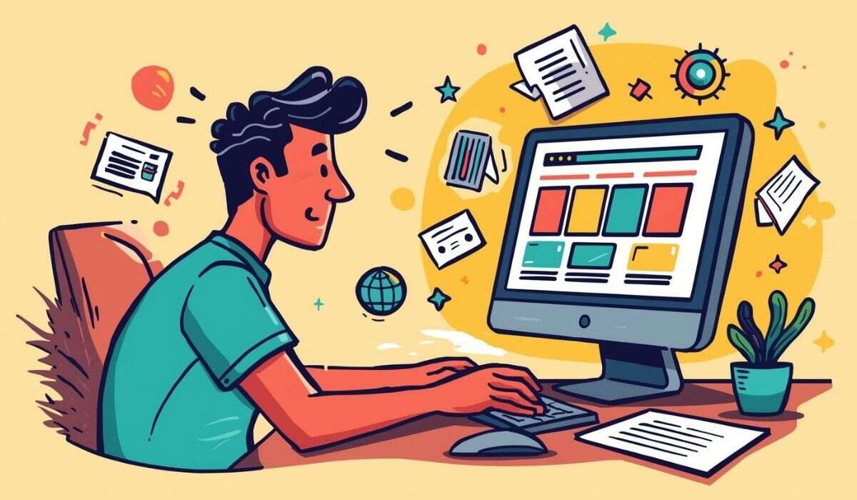 Illustration of a busy person working on a computer