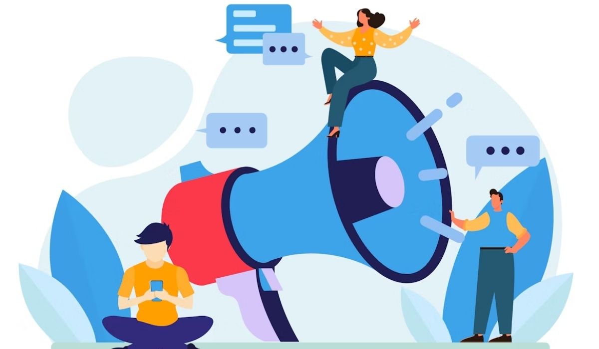 Illustration of 3 people marketing, by using a catchy catchphrase