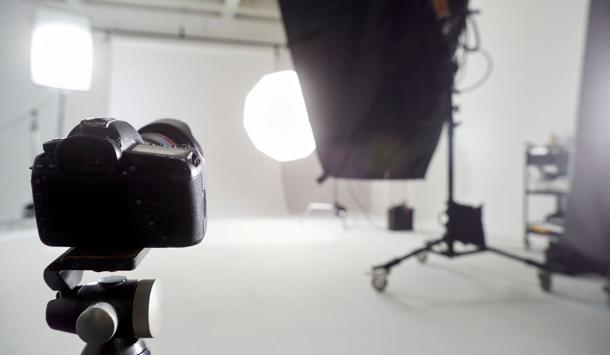 A small camera placed in a photography studio