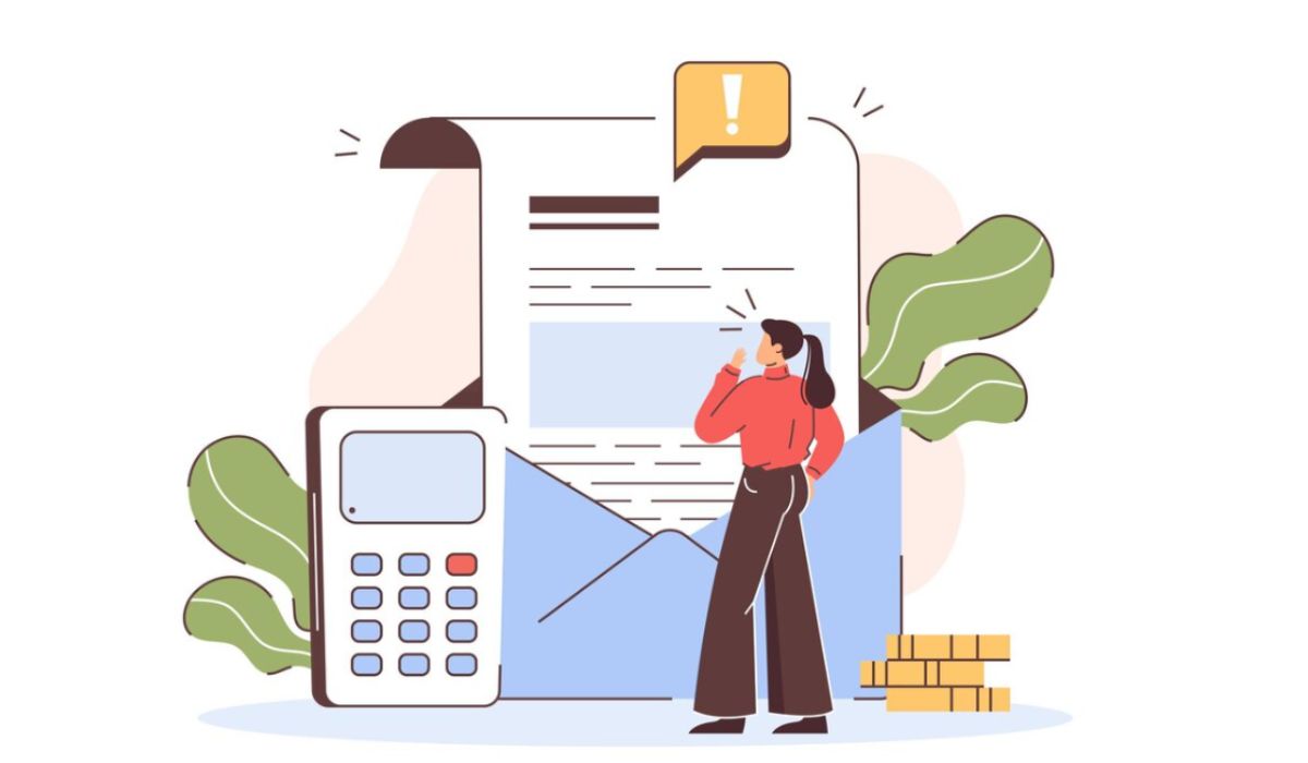 illustration of a startled woman seeing a fake invoice