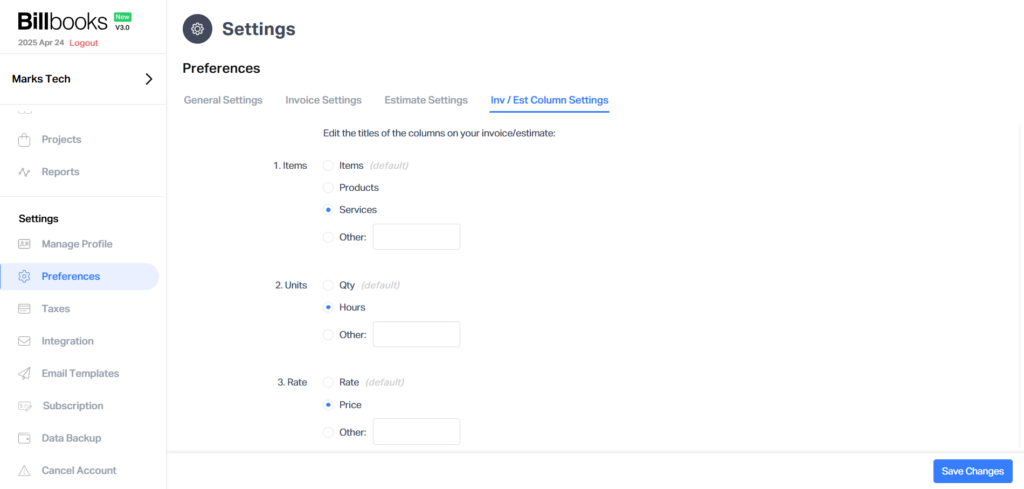 Inv/Est Column Settings