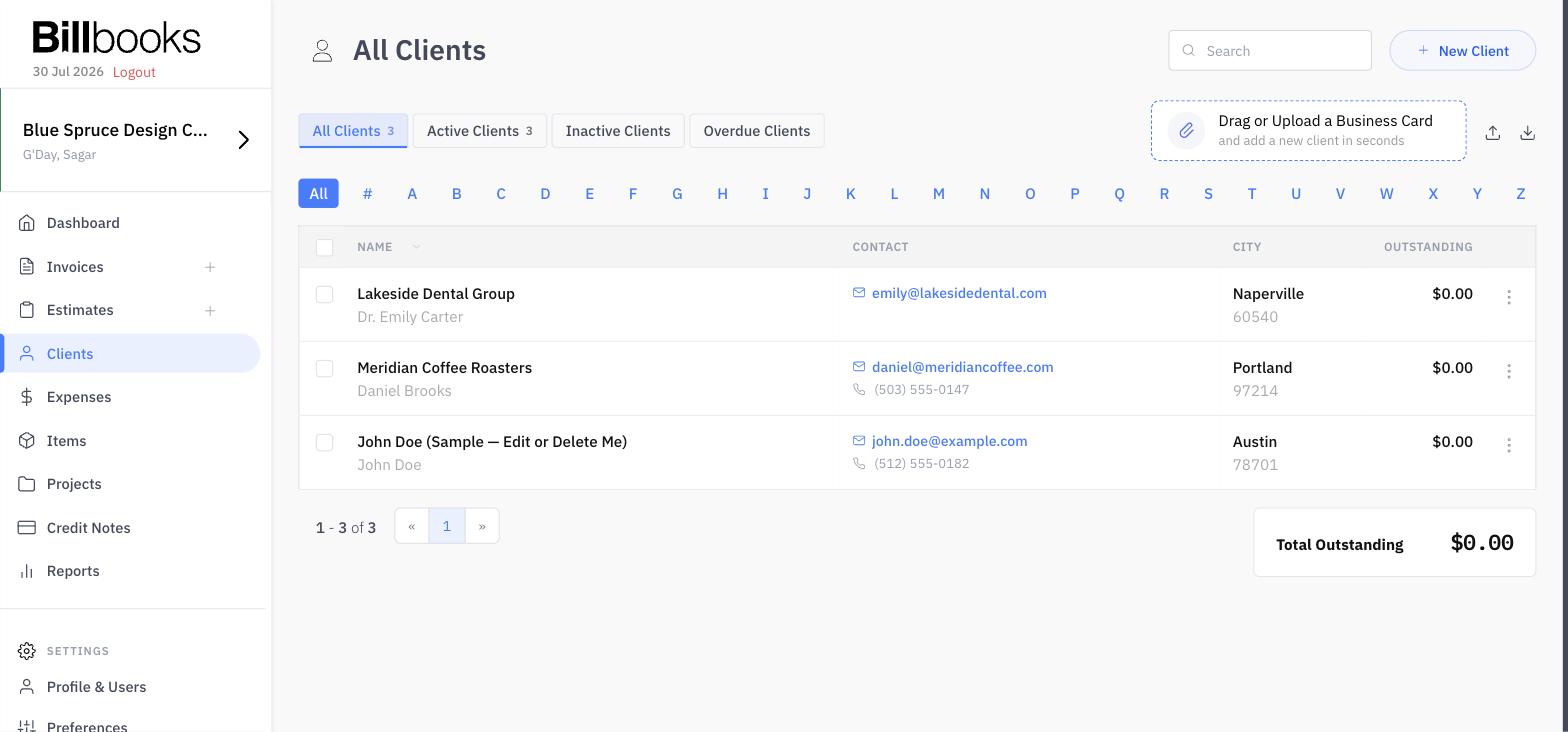 Billbooks clients screen with business card scanning to add clients in seconds