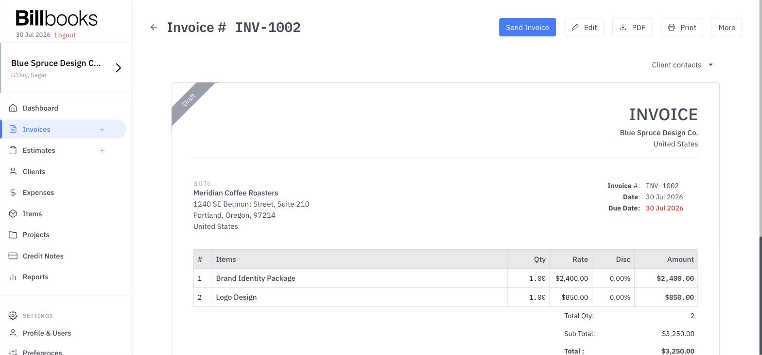 A finished invoice in the new Billbooks app, clean and ready to send