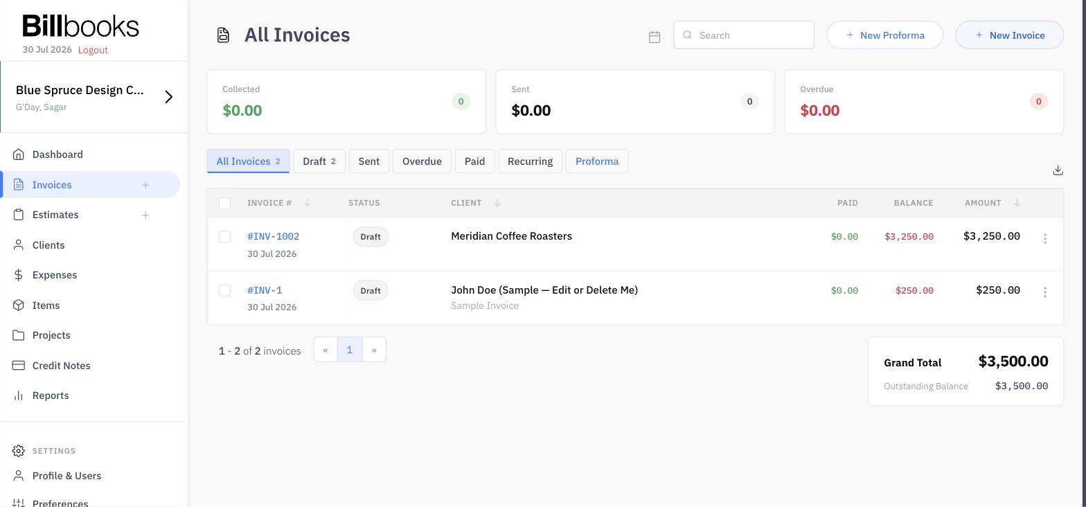 Billbooks invoices list with statuses, balances, and totals at a glance