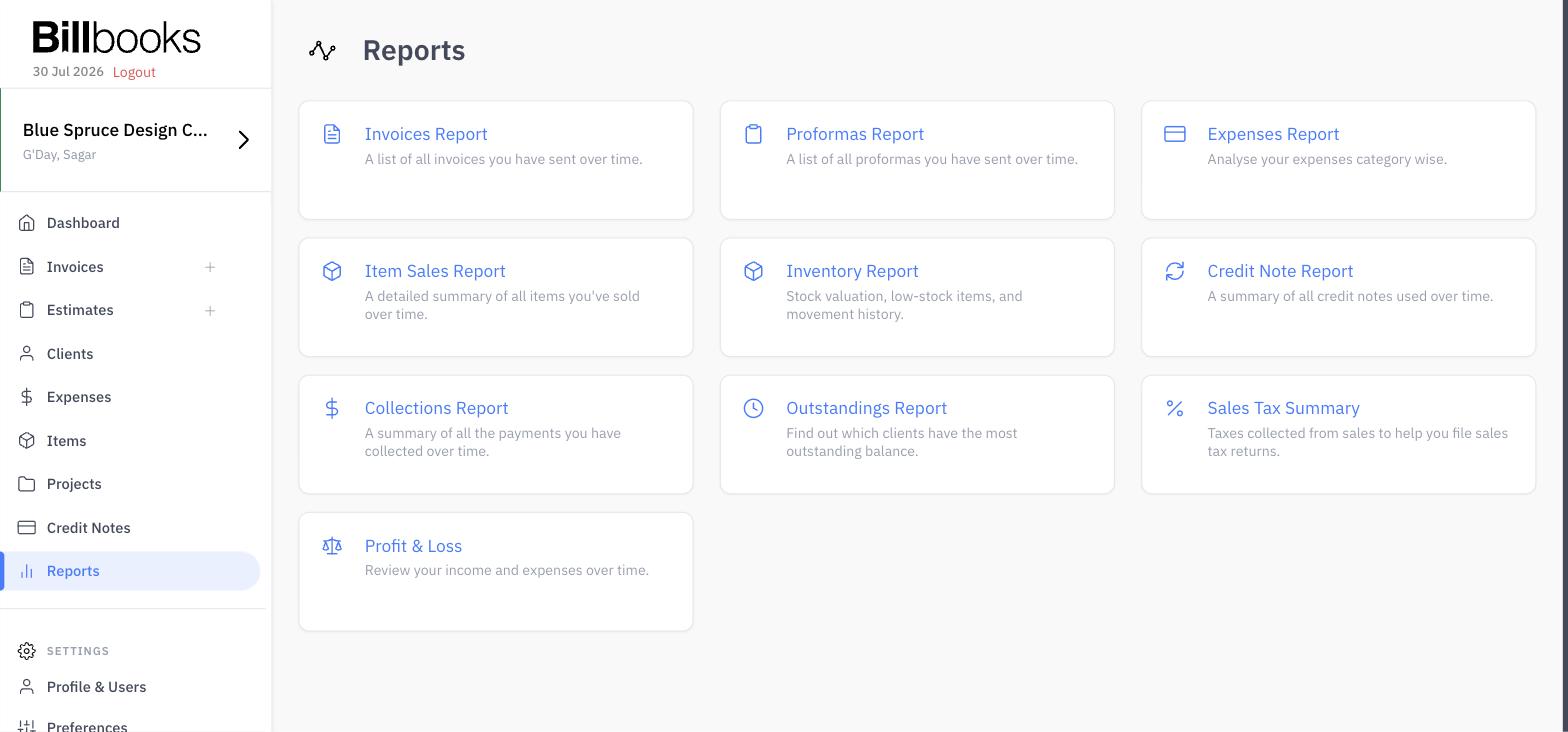 Billbooks reports hub with ten report types including profit and loss