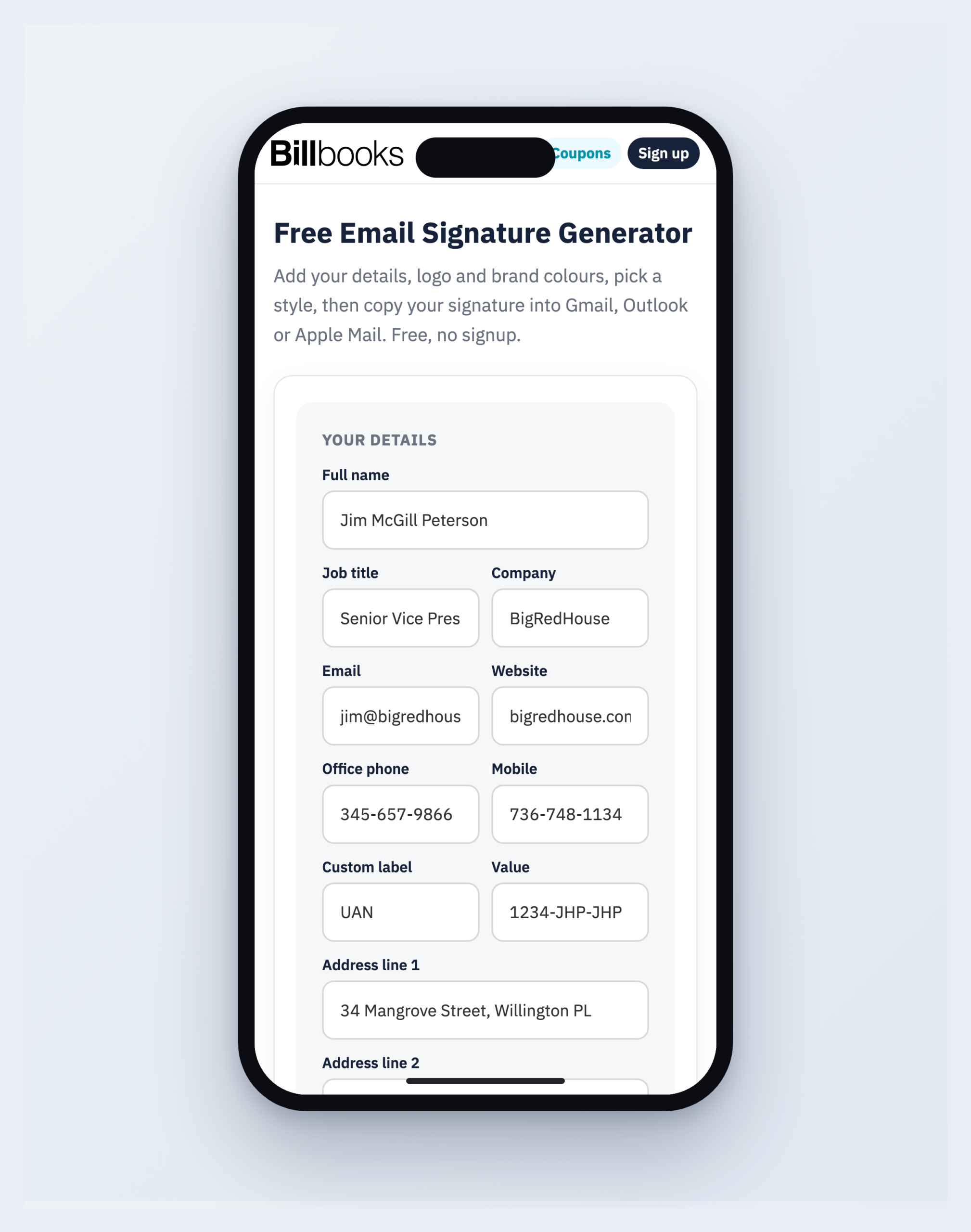 Billbooks free email signature generator open in a mobile browser, showing the responsive signature builder form that works on any device