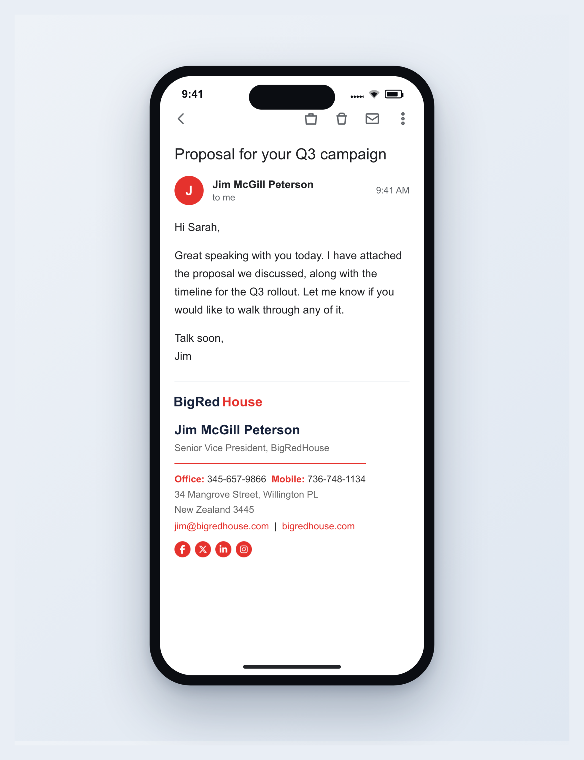 Email signature with logo, name, title, contact details and social icons rendering cleanly at the bottom of an email on a mobile phone in the Gmail app