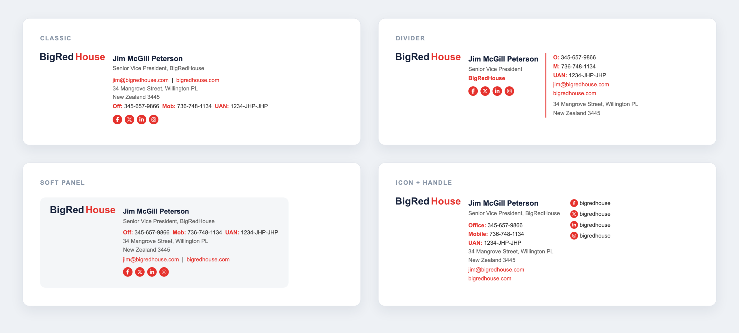 Four email signature templates side by side, Classic, Divider, Soft panel and Icon plus handle, each showing the same logo and brand colors applied consistently