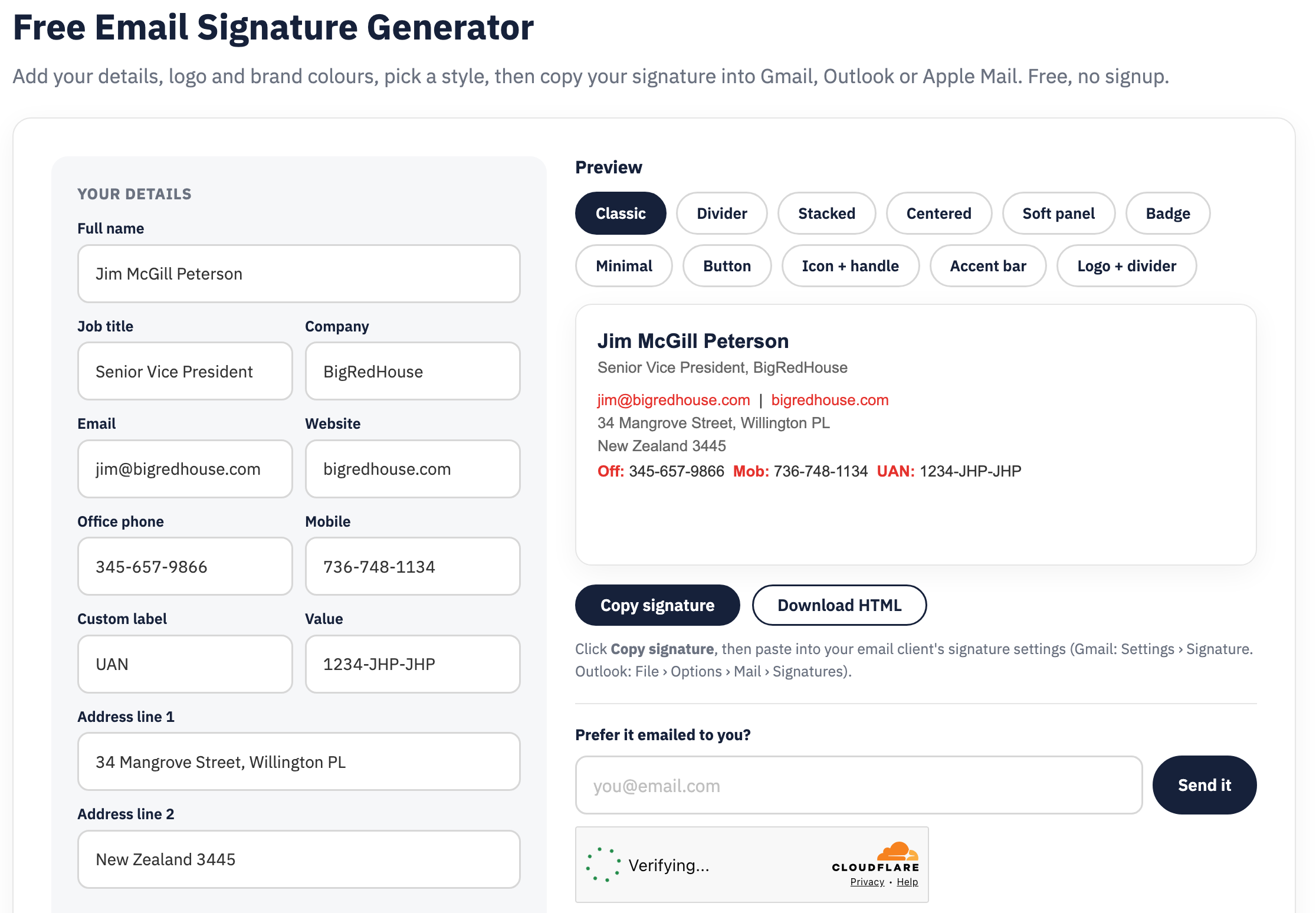 Billbooks free email signature generator showing the signature builder form and a live preview with Classic, Divider, Stacked and other template styles