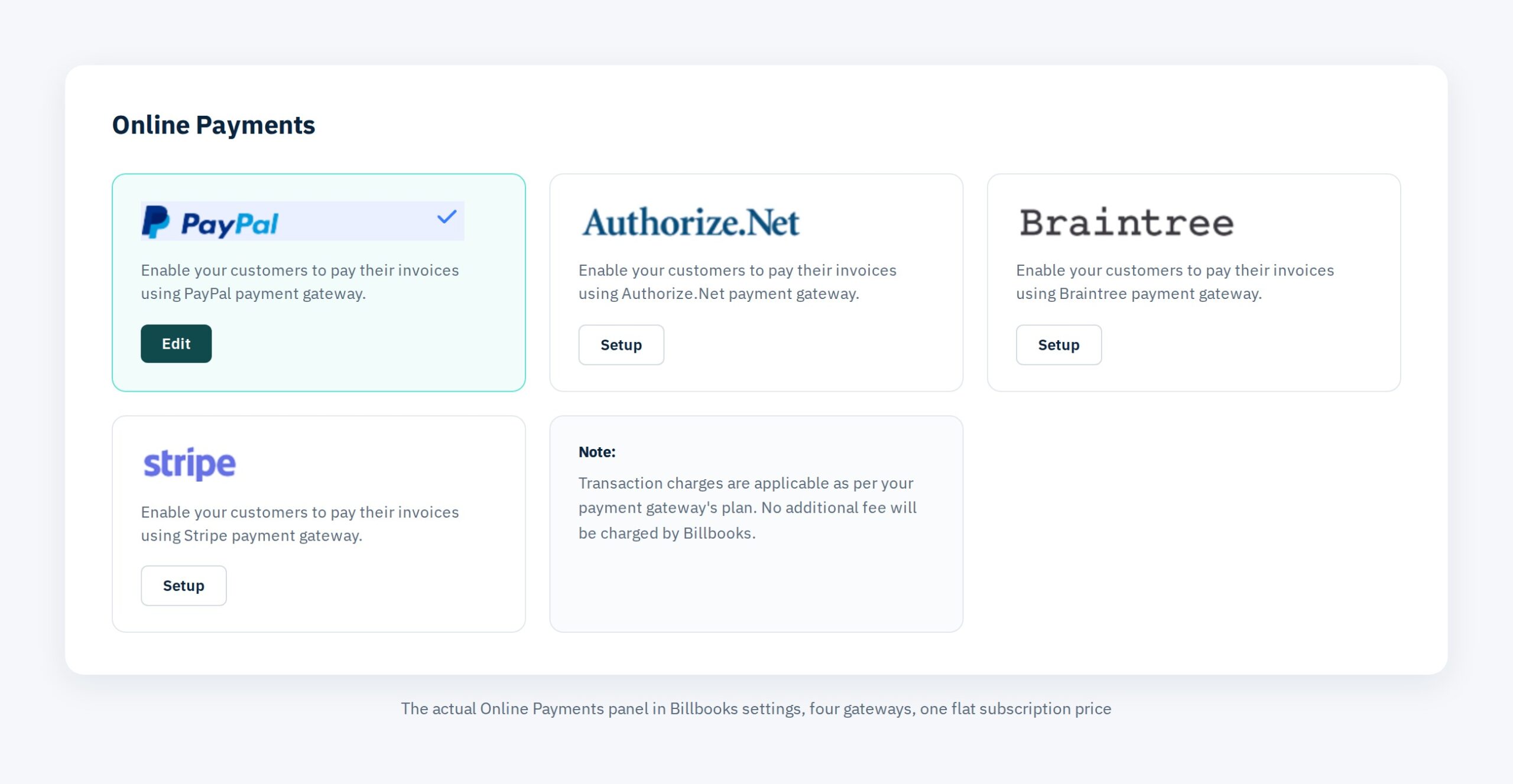 Billbooks Online Payments settings showing PayPal, Authorize.Net, Braintree, and Stripe gateway options