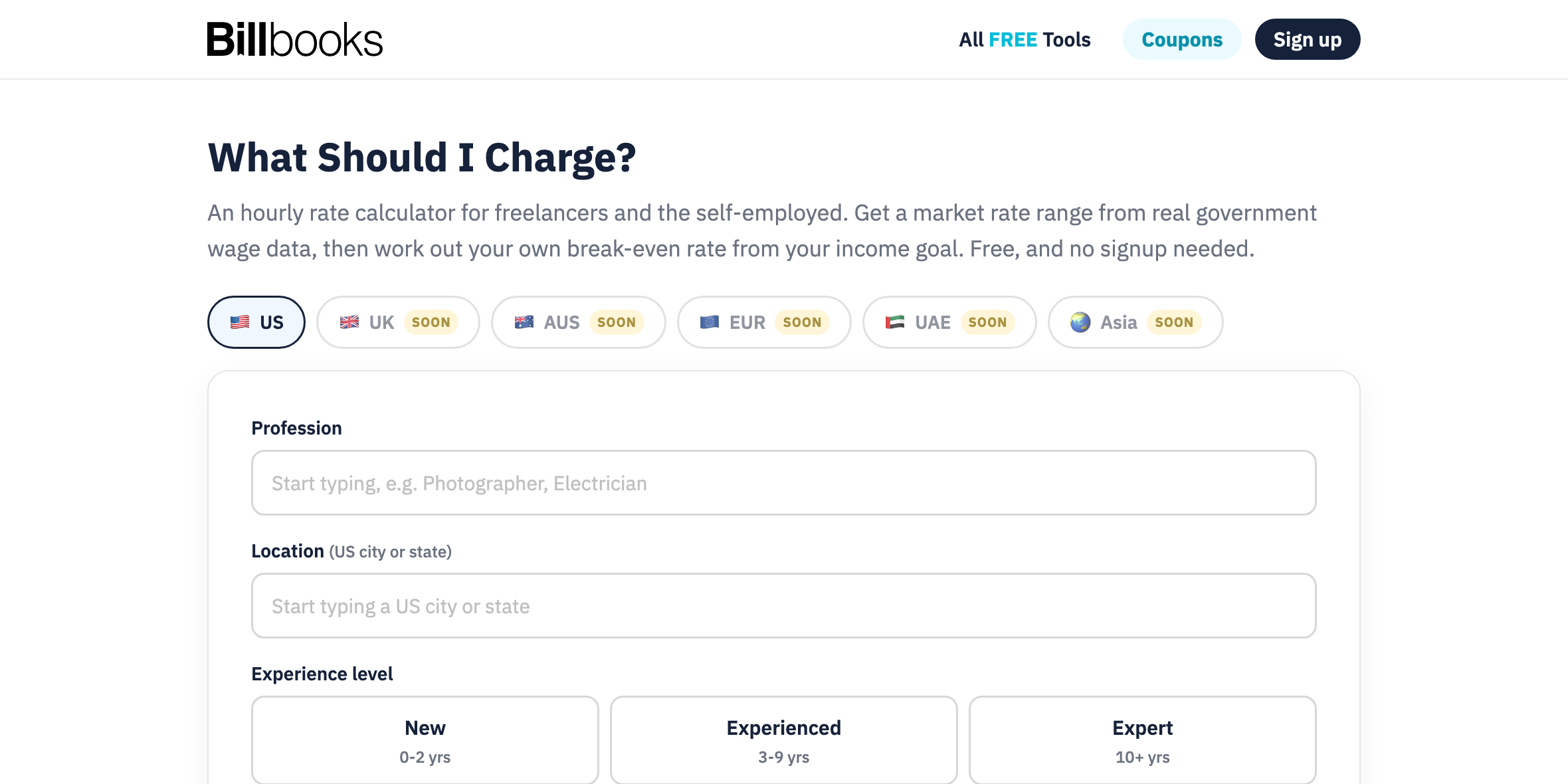What Should I Charge free hourly rate calculator showing the profession, location and experience level input form with US, UK, AUS, EUR, UAE and Asia country tabs
