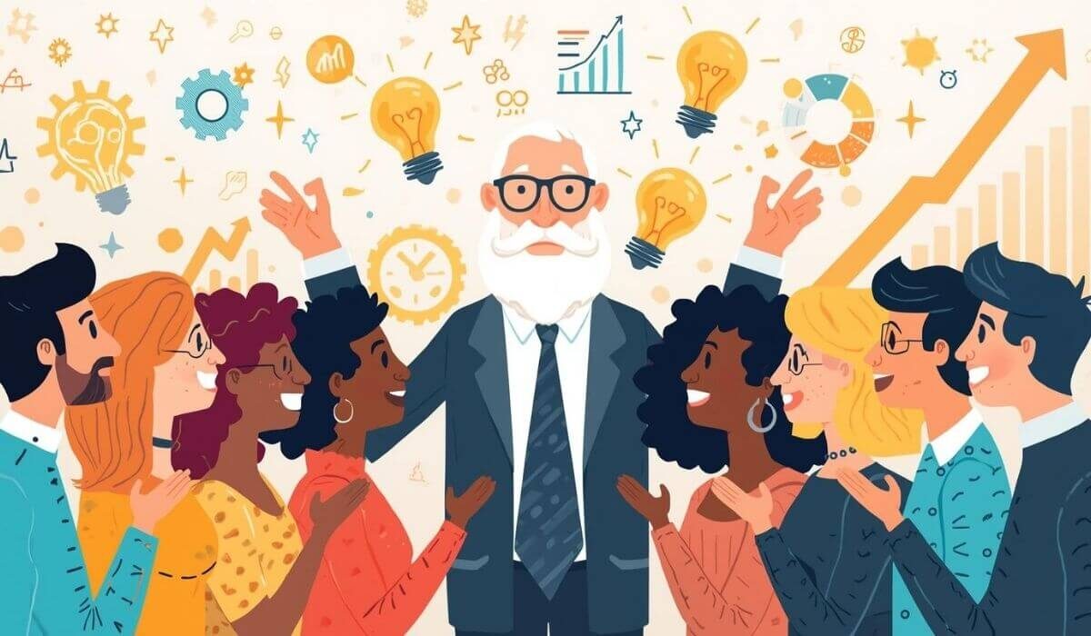 Illustration of an old man giving advice to a startup company team members