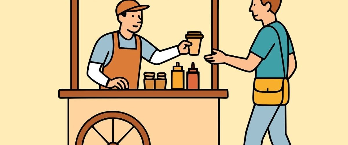 An illustration of a man selling beverages in a small city