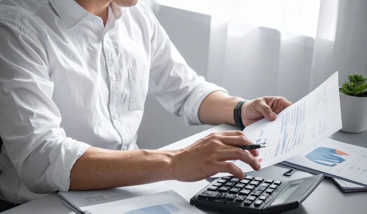 A person calculating an estimate with a calculator