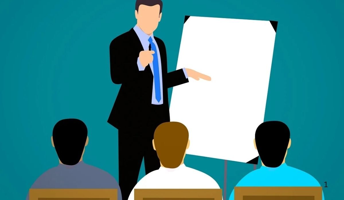 Illustration of an employer Storytelling to loyal audience with the help of white board