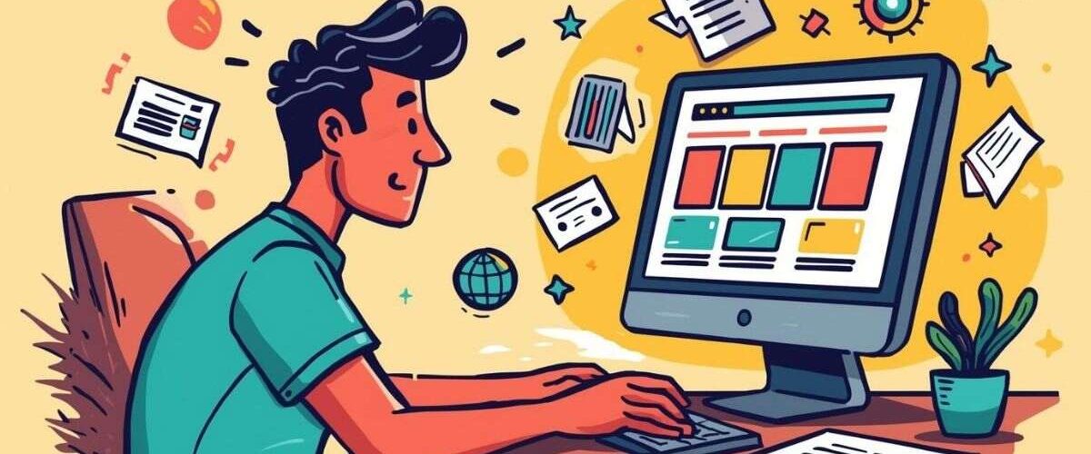 Illustration of a busy person working on a computer