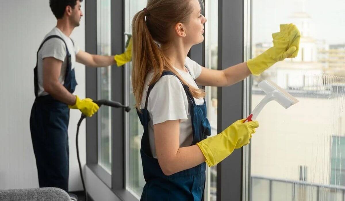 two employees of a house cleaning business doing housing cleaning job