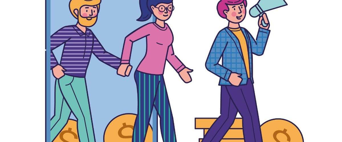 illustration of 3 people marketing