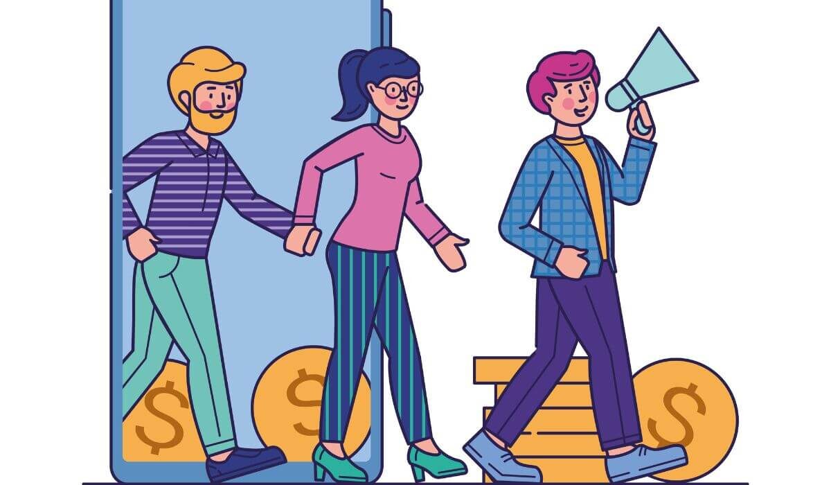 illustration of 3 people marketing