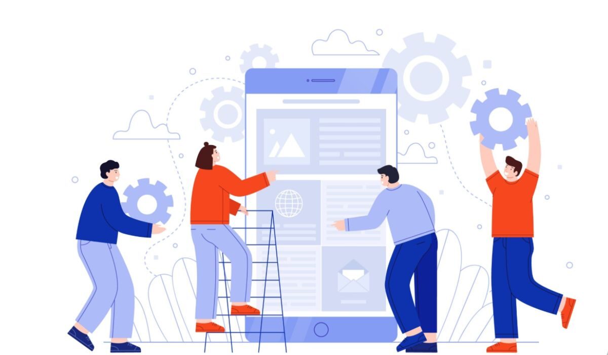 Illustration of group of people designing a web page